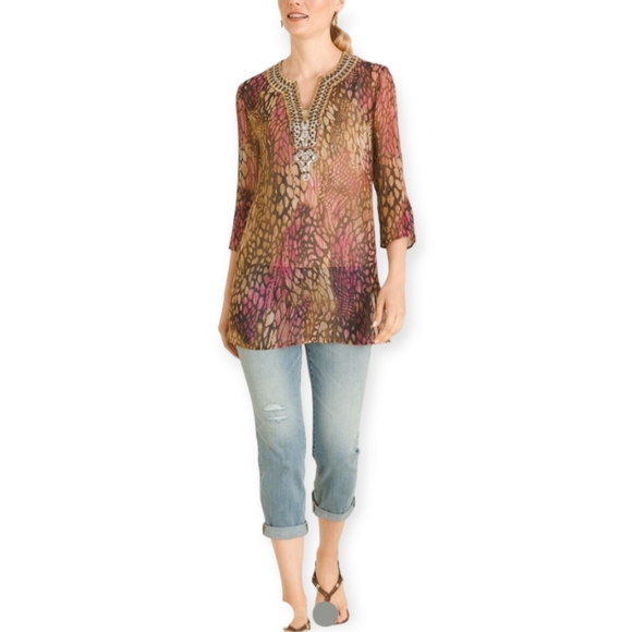 Chico's pink & brown animal print jeweled beaded silk tunic top Womens Medium - Picture 2 of 8